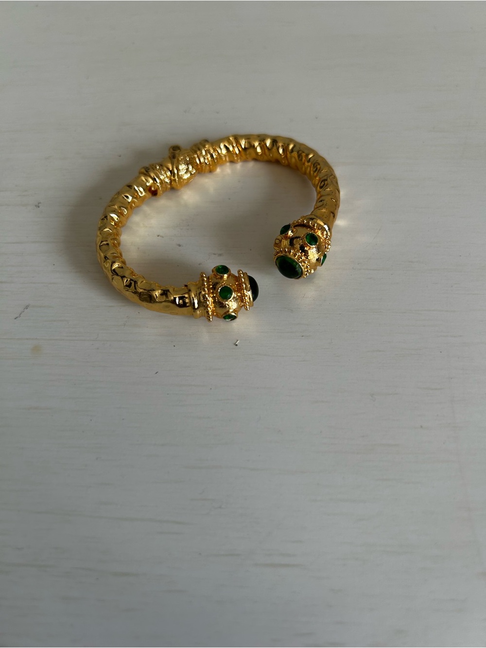 Gold plated Cuff Bracelet Etruscan style with Green Gem Accents - Women's Jewelr